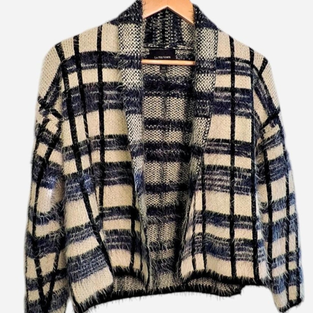 LOFT Blue and Cream Cardigan Sweater with Plaid Design